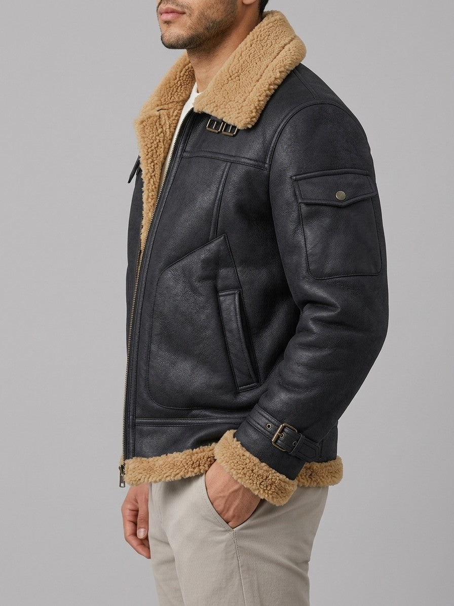 Cosenza Men's Sleeve-Pocket Shearling Aviator Jacket — black — side
