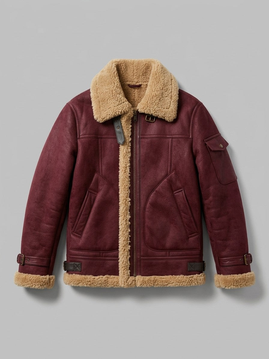 Cosenza Men's Sleeve-Pocket Shearling Aviator Jacket — burgundy — packshot