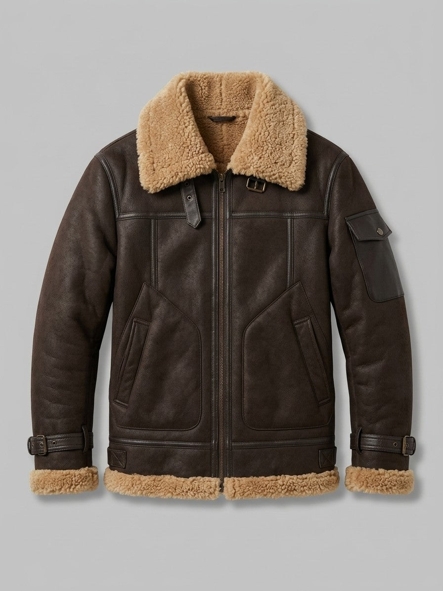 Cosenza Men's Sleeve-Pocket Shearling Aviator Jacket — darkbrown — packshot