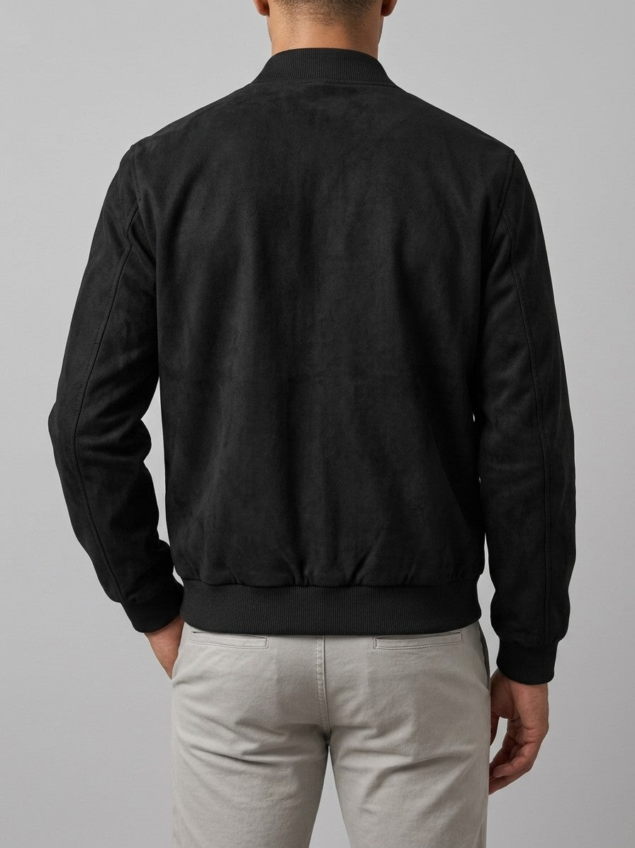 Cotignola Men's Rib-Collar Zip Suede Jacket — black — back