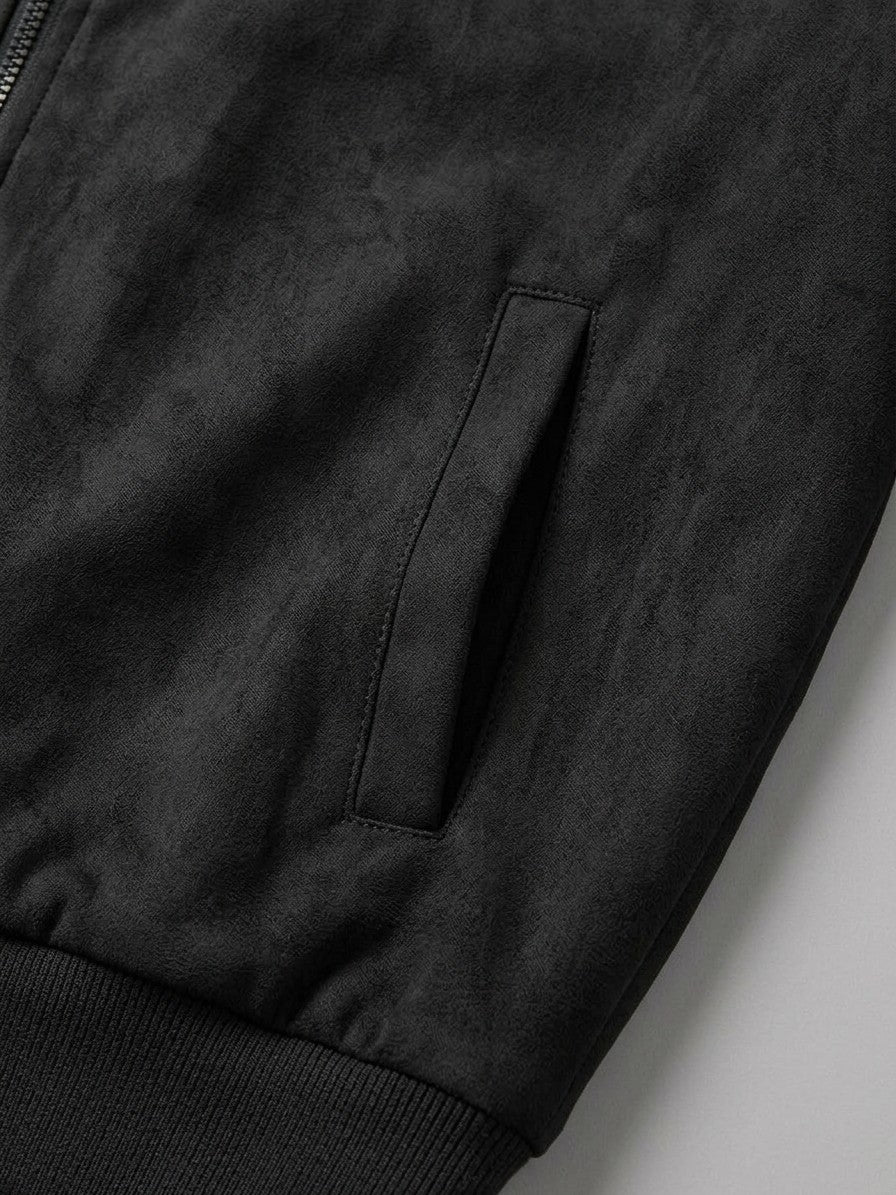 Cotignola Men's Rib-Collar Zip Suede Jacket — black — detail-2