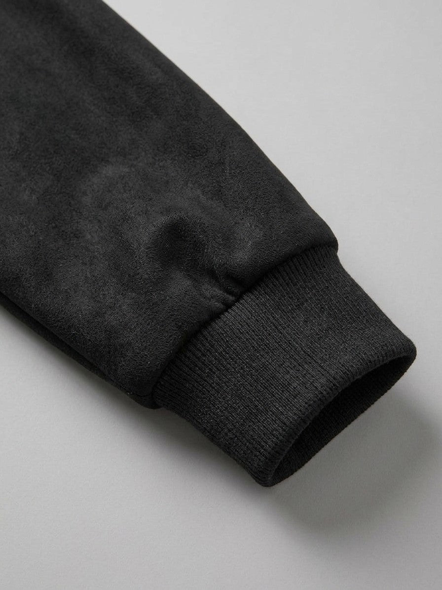 Cotignola Men's Rib-Collar Zip Suede Jacket — black — detail-collar