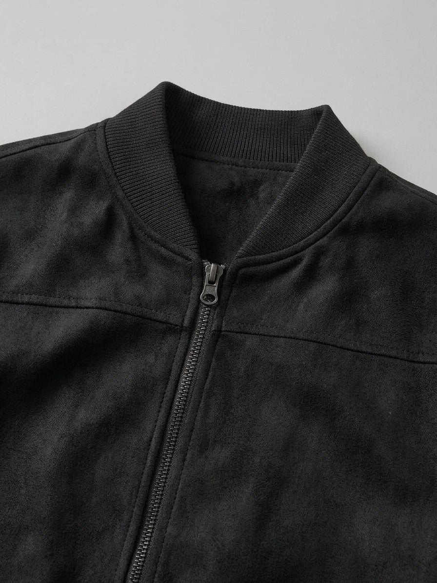 Cotignola Men's Rib-Collar Zip Suede Jacket — black — detail