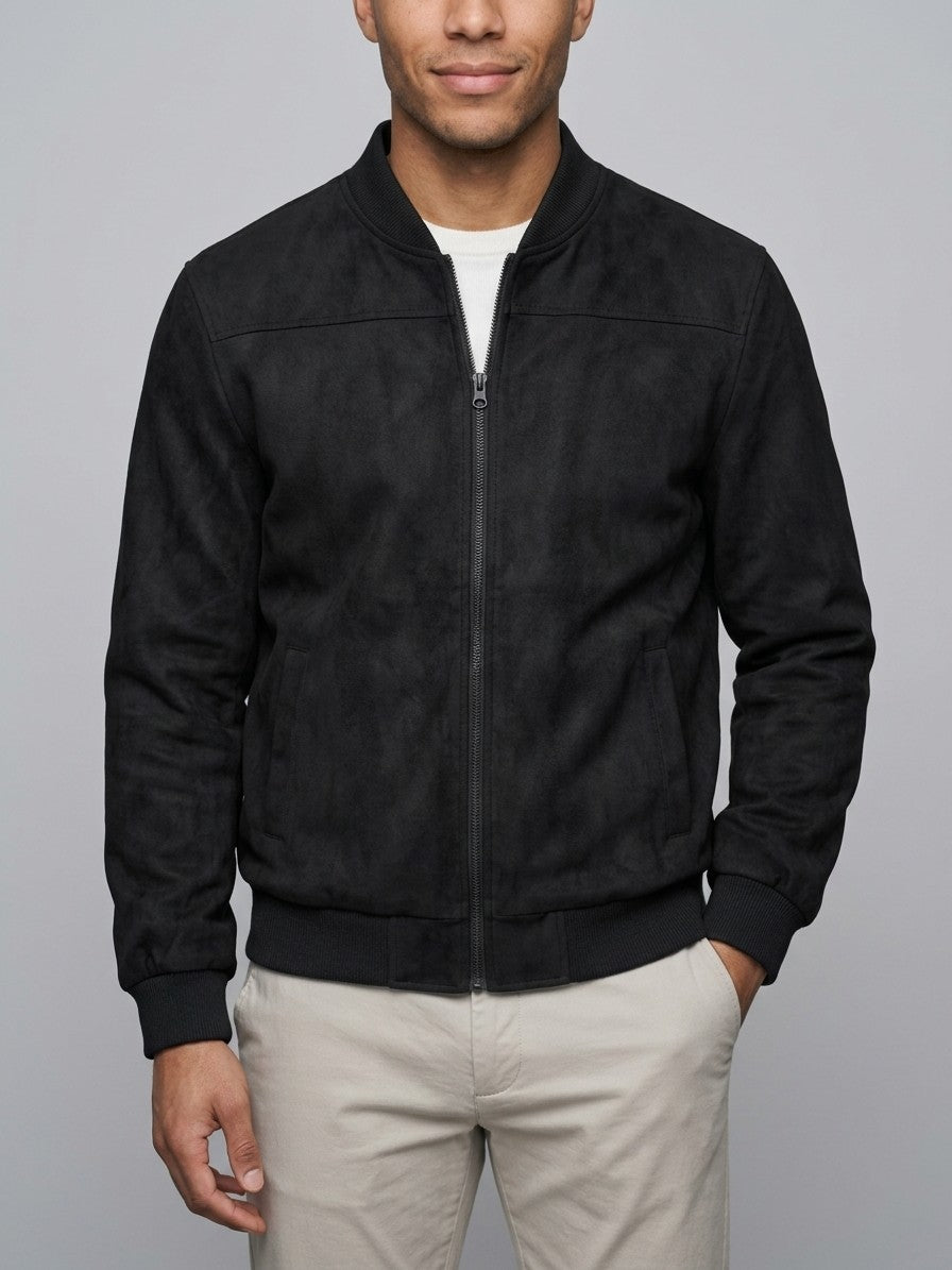 Cotignola Men's Rib-Collar Zip Suede Jacket — black — front