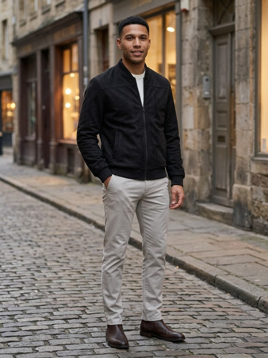 Cotignola Men's Rib-Collar Zip Suede Jacket — black — lifestyle