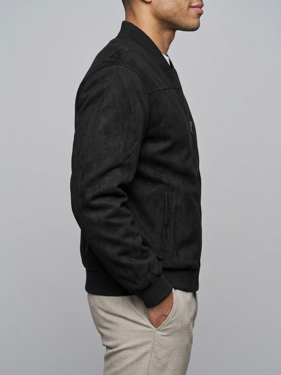 Cotignola Men's Rib-Collar Zip Suede Jacket — black — side