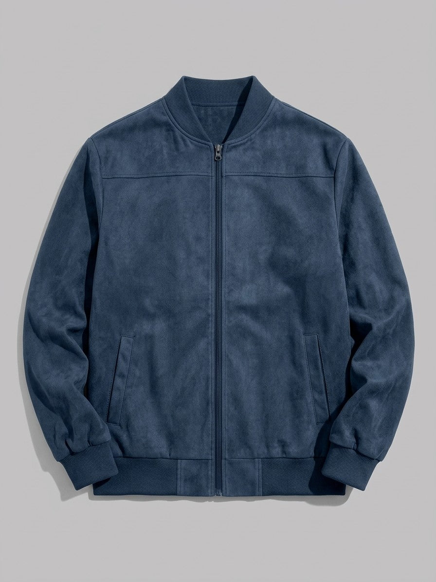 Cotignola Men's Rib-Collar Zip Suede Jacket — navy — packshot