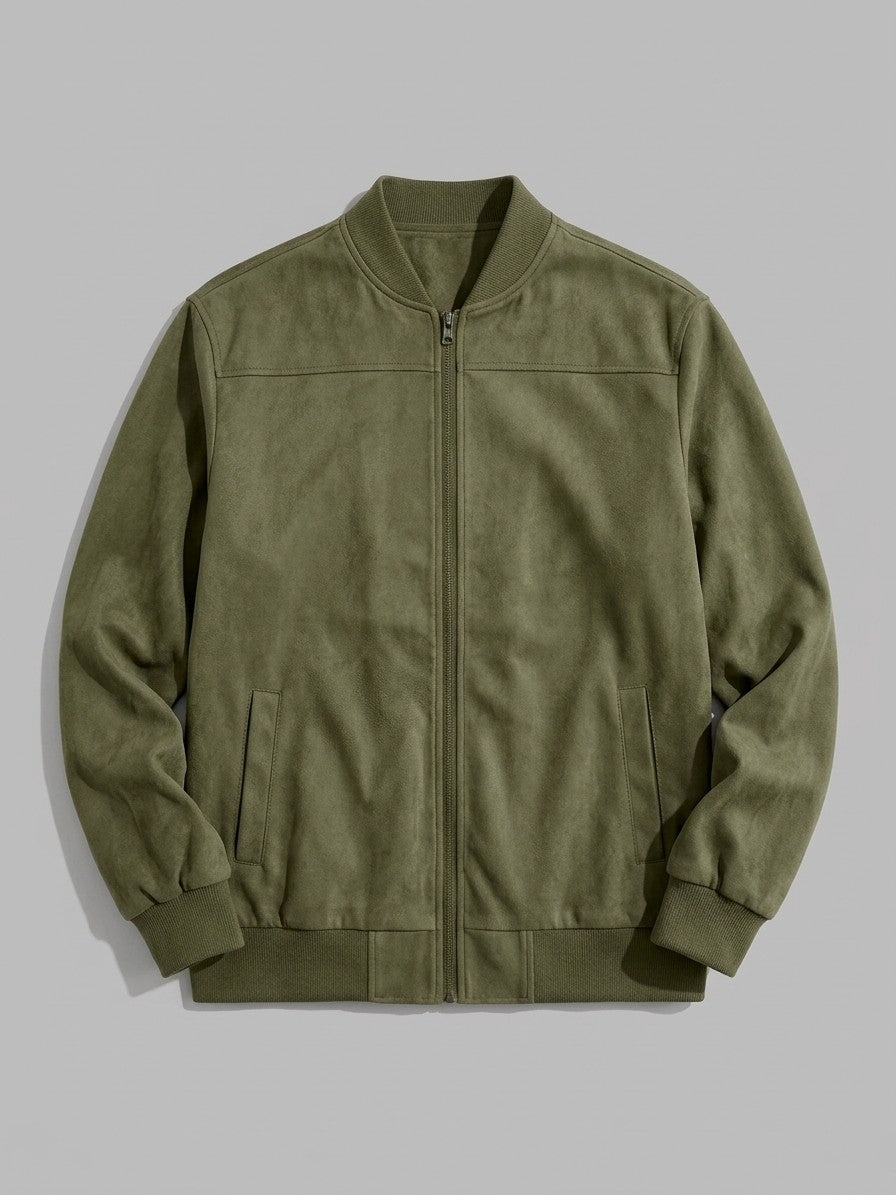 Cotignola Men's Rib-Collar Zip Suede Jacket — olive — packshot