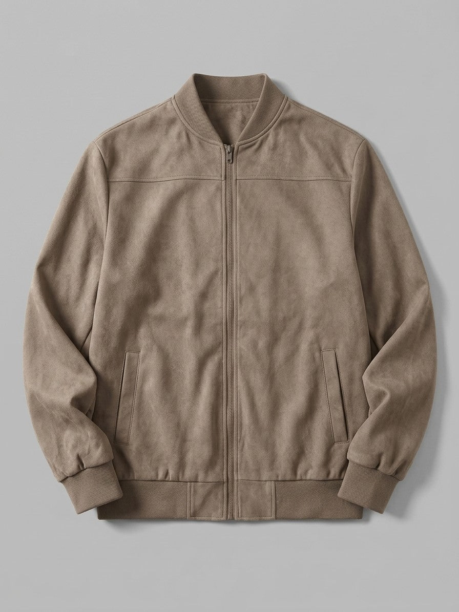Cotignola Men's Rib-Collar Zip Suede Jacket — taupe — packshot