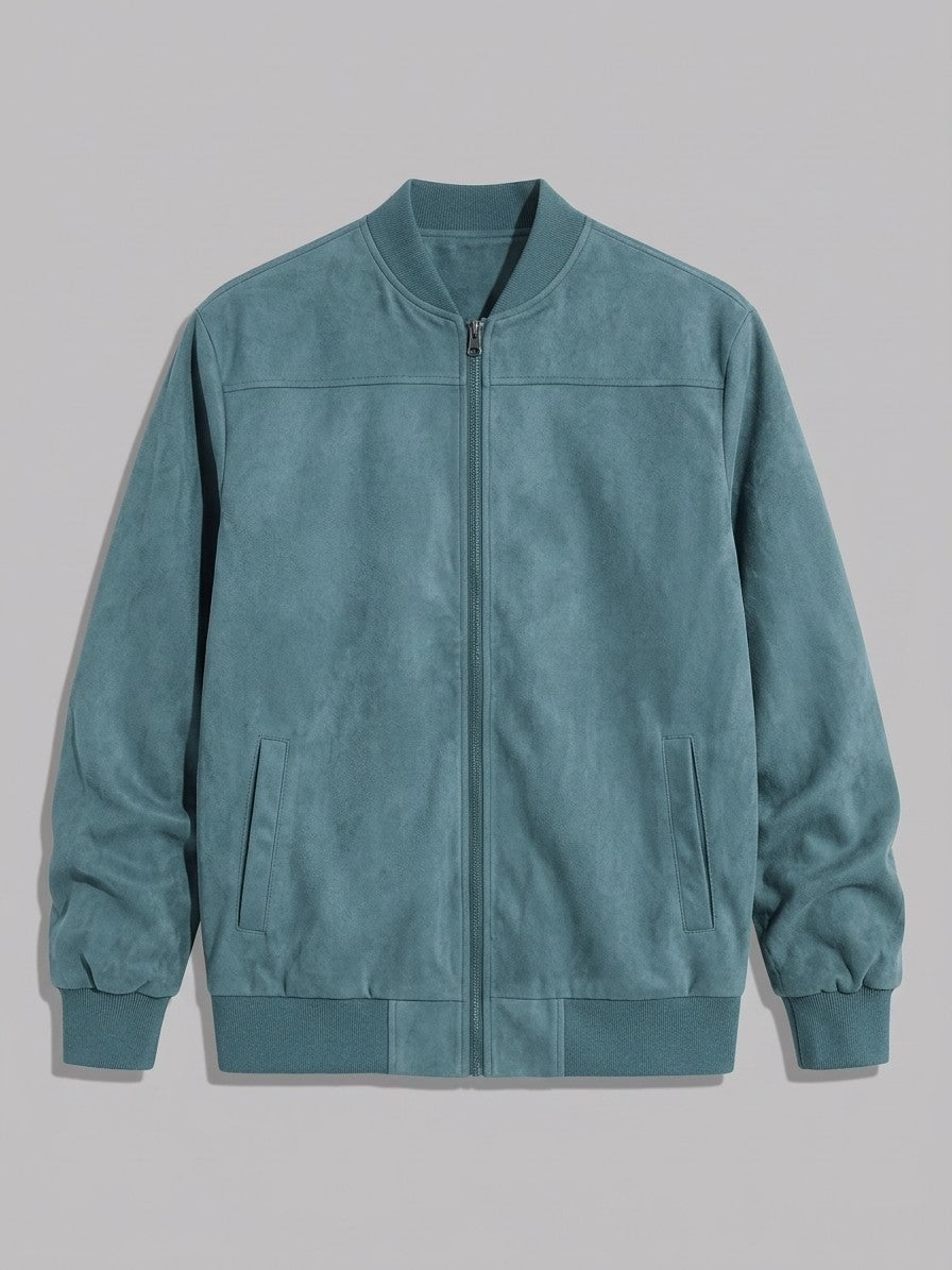 Cotignola Men's Rib-Collar Zip Suede Jacket — teal — packshot