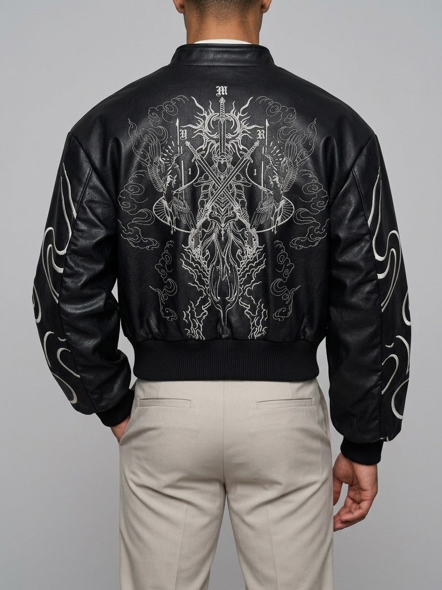 Craco Men's Gothic Embroidered Bomber Jacket — black — back