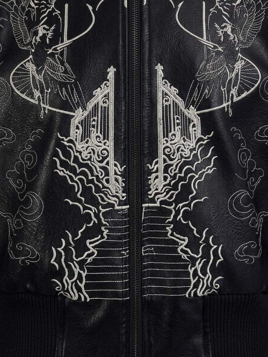 Craco Men's Gothic Embroidered Bomber Jacket — black — detail-collar