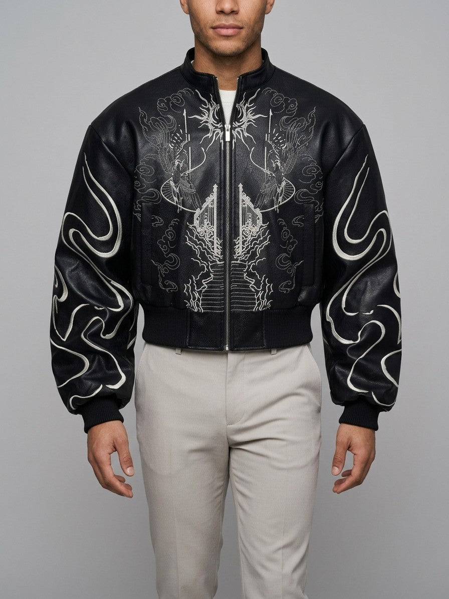 Craco Men's Gothic Embroidered Bomber Jacket — black — front