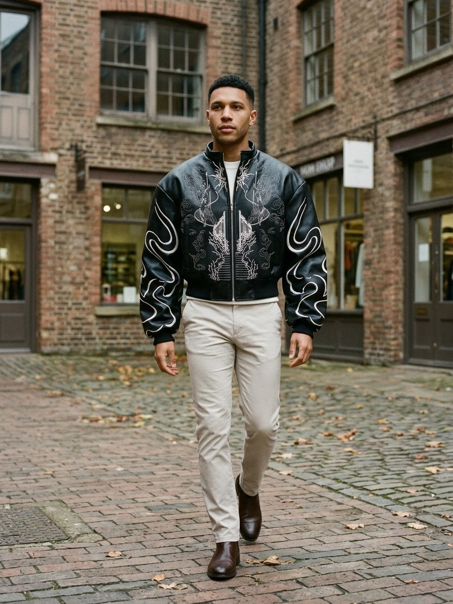 Craco Men's Gothic Embroidered Bomber Jacket — black — lifestyle