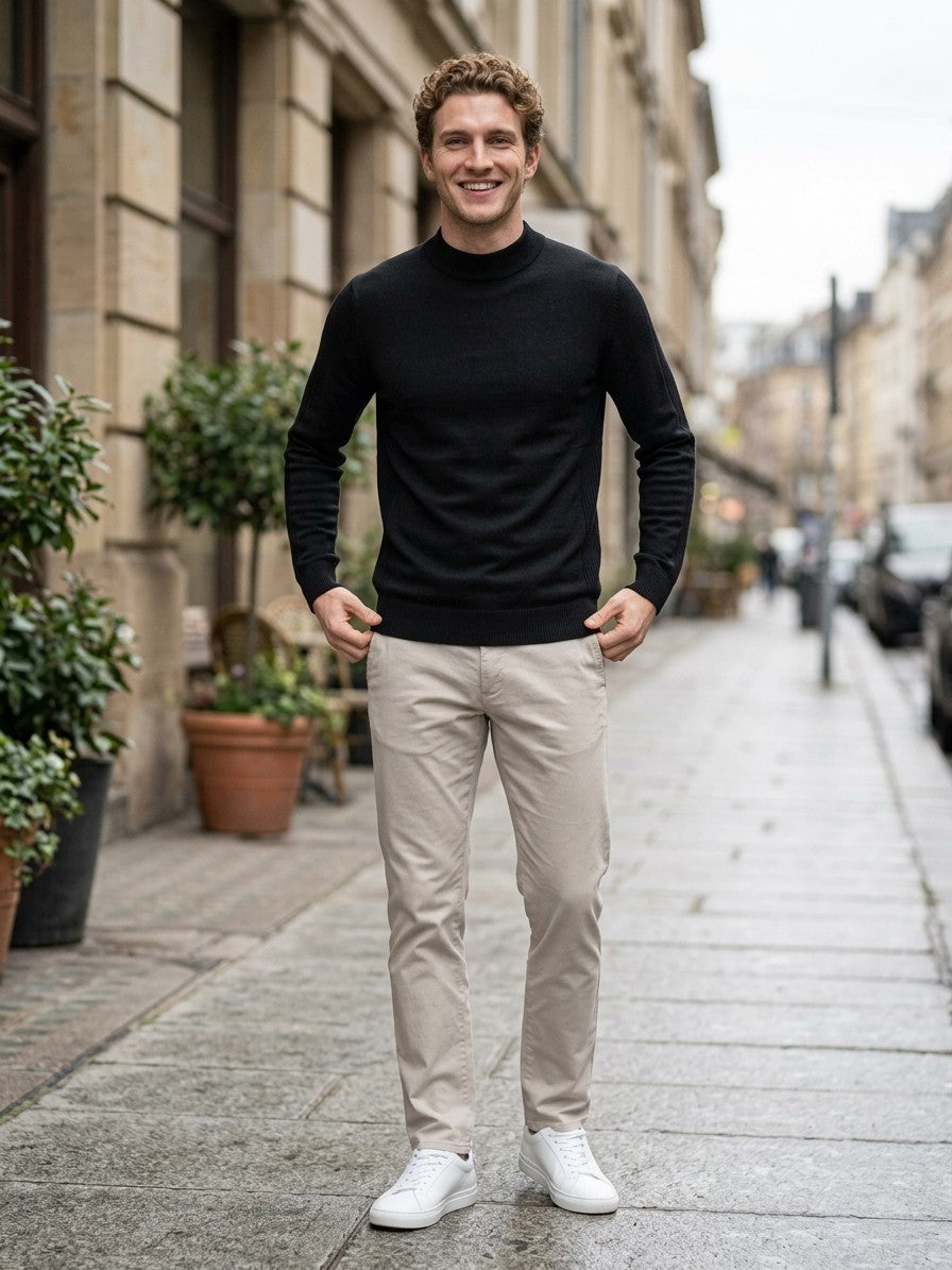 Cremona Men's Mock Neck Sweater — black — lifestyle