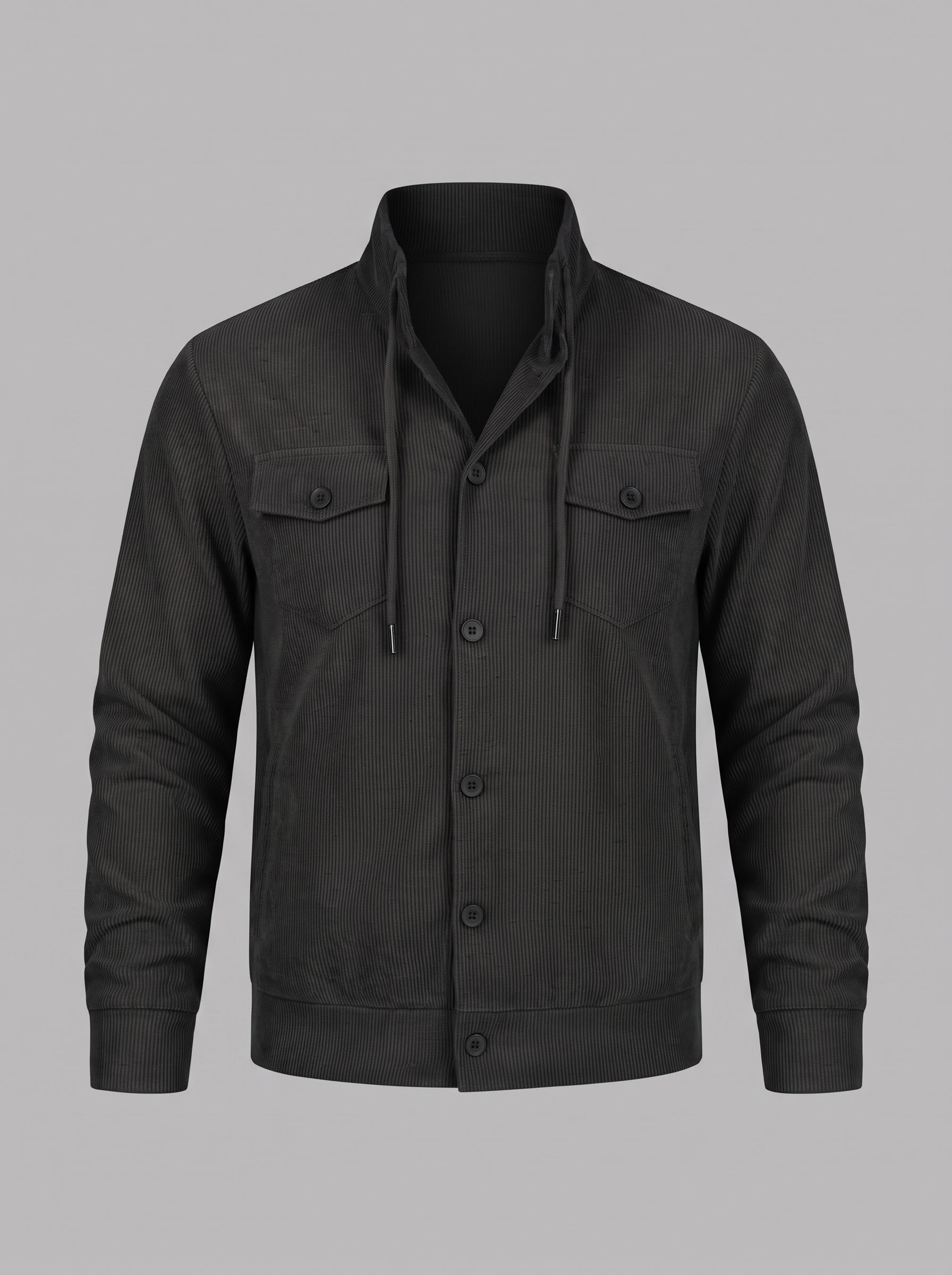 A dark charcoal gray button-up jacket with a stand-up collar, drawstrings, and two buttoned chest flap pockets, shown on a solid gray background.