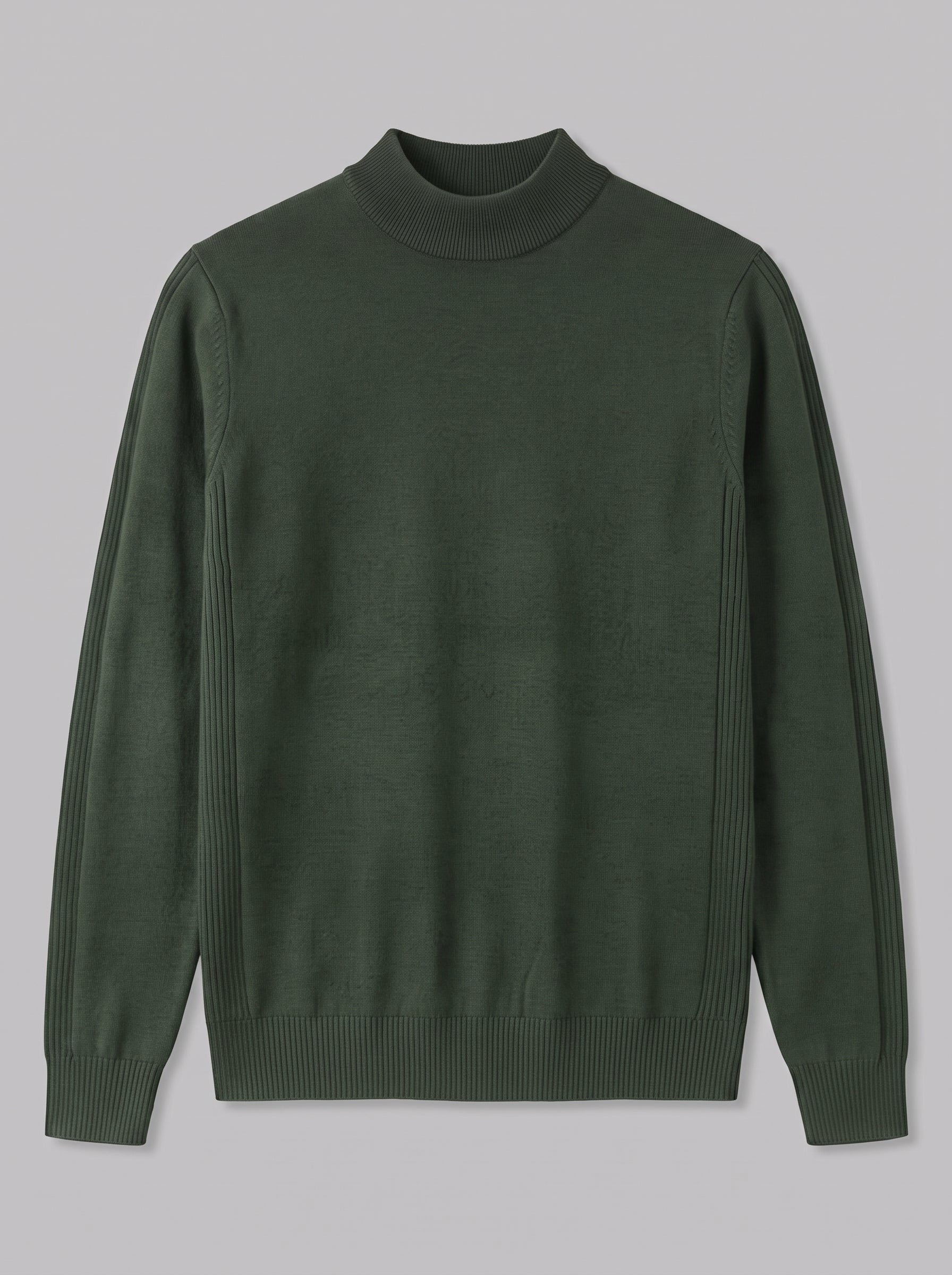 A dark forest green knit sweater with a mock neck, long sleeves, and ribbed cuffs and hem, displayed flat against a solid gray background.