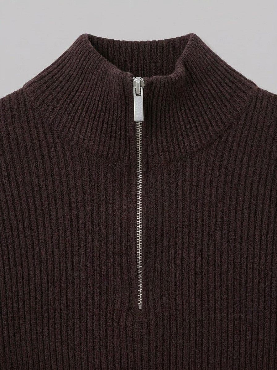 Desenzano Men's Ribbed Half-Zip Sweater — darkbrown — detail-collar