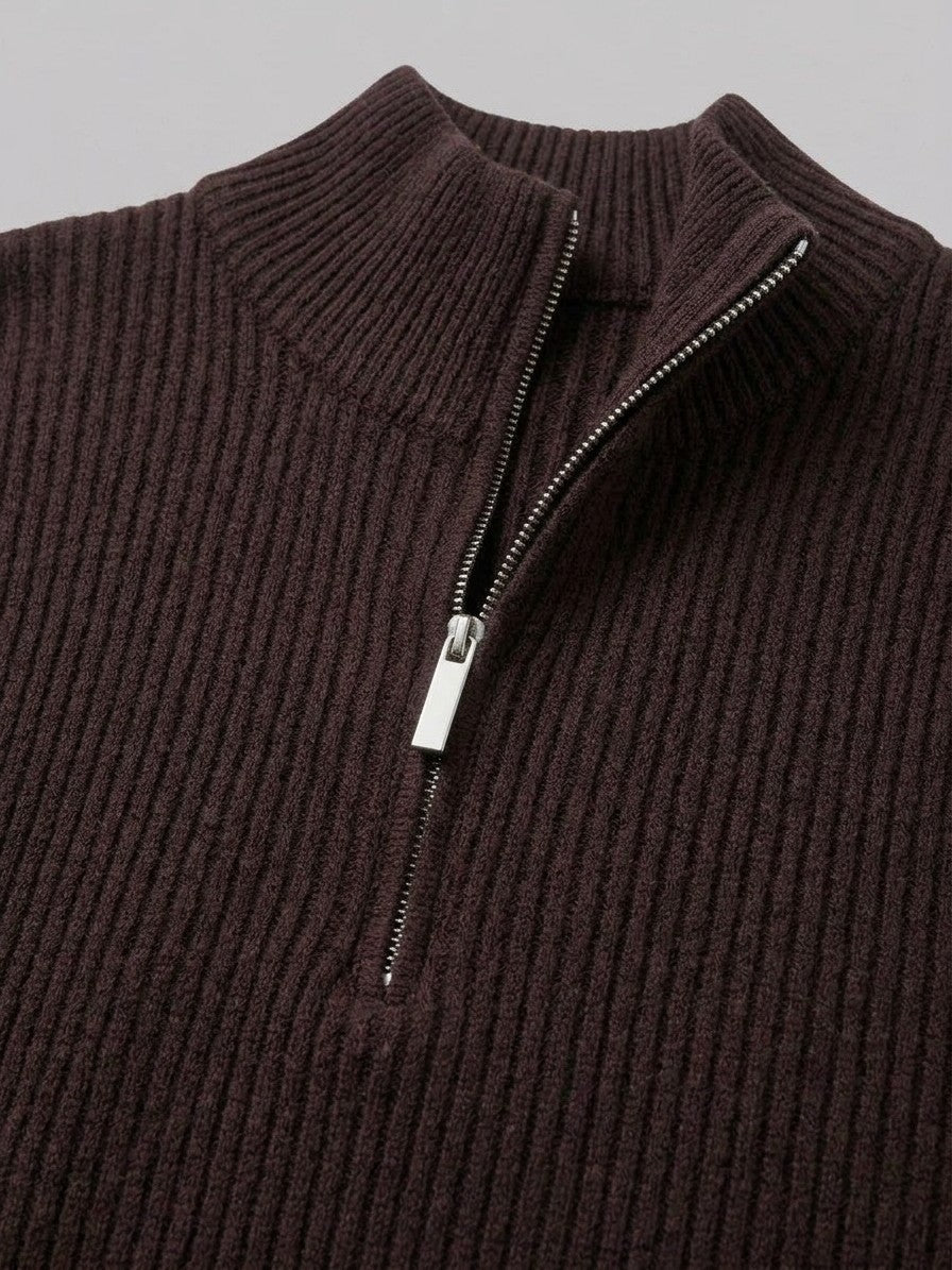 Desenzano Men's Ribbed Half-Zip Sweater — darkbrown — detail