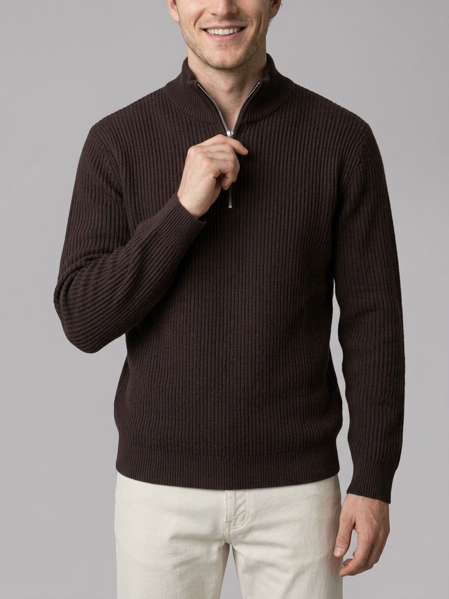 Desenzano Men's Ribbed Half-Zip Sweater — darkbrown — front