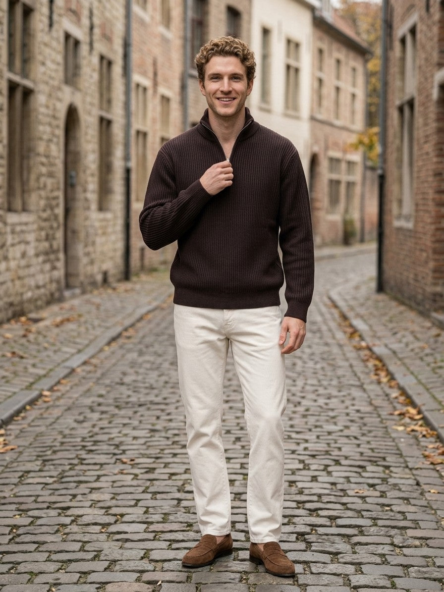 Desenzano Men's Ribbed Half-Zip Sweater — darkbrown — lifestyle