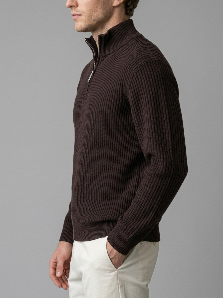Desenzano Men's Ribbed Half-Zip Sweater — darkbrown — side