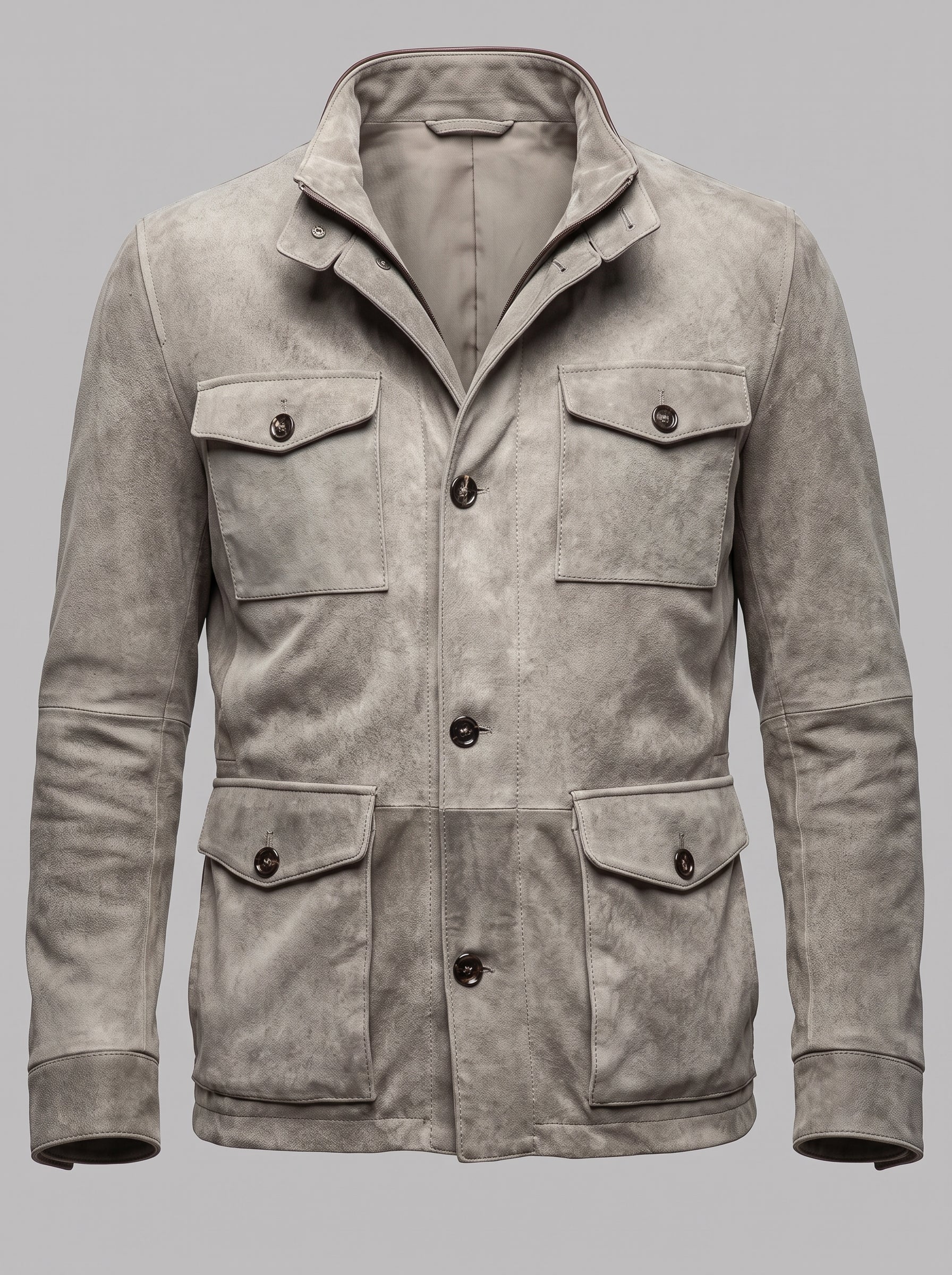 A men's distressed suede jacket in a light grayish-brown color, featuring a stand-up collar, button front, and four front flap pockets, shown on a solid gray background.