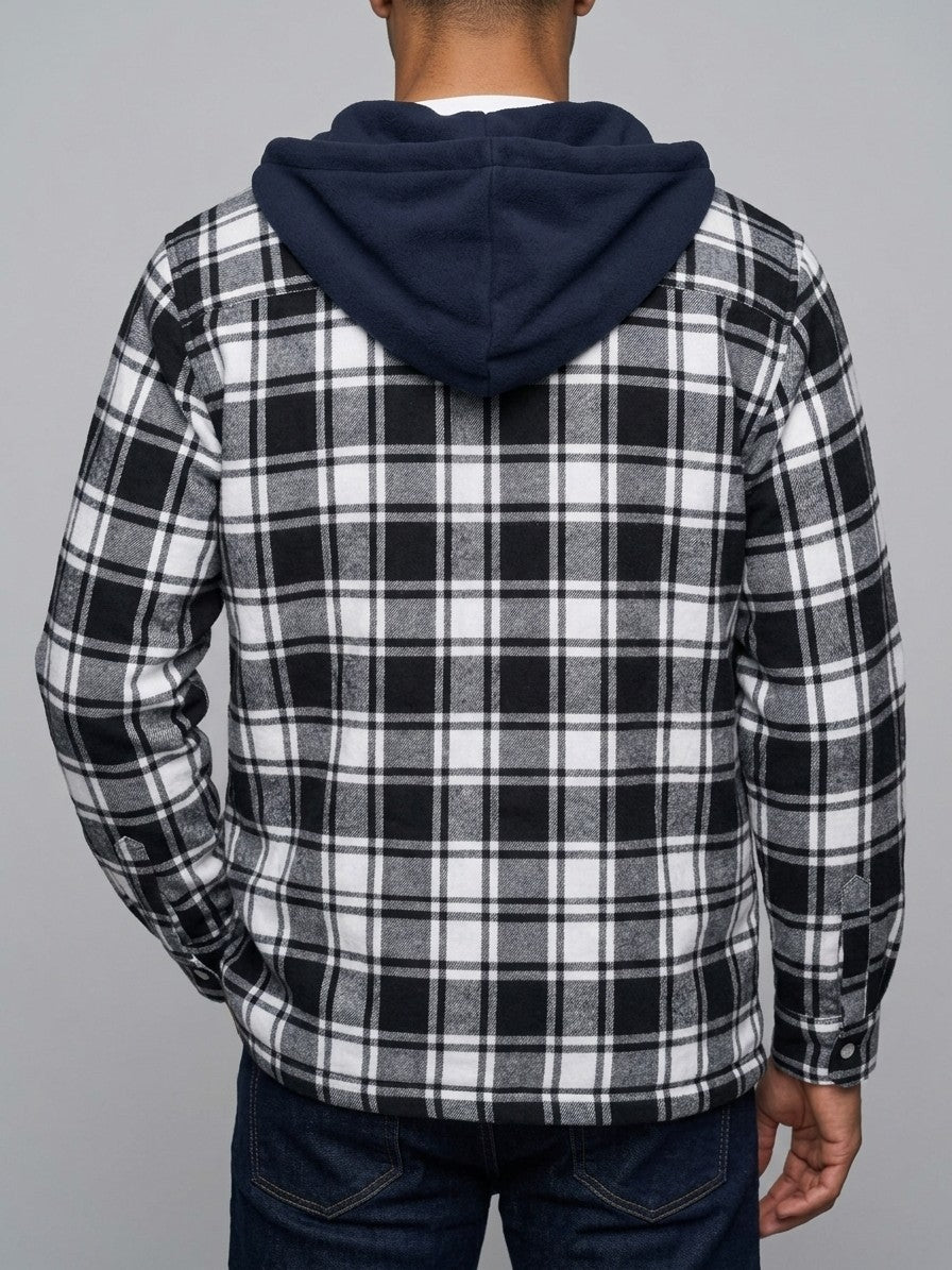 Dogliani Men's Hooded Quilted Flannel Shirt Jacket — blackwhiteplaid — back