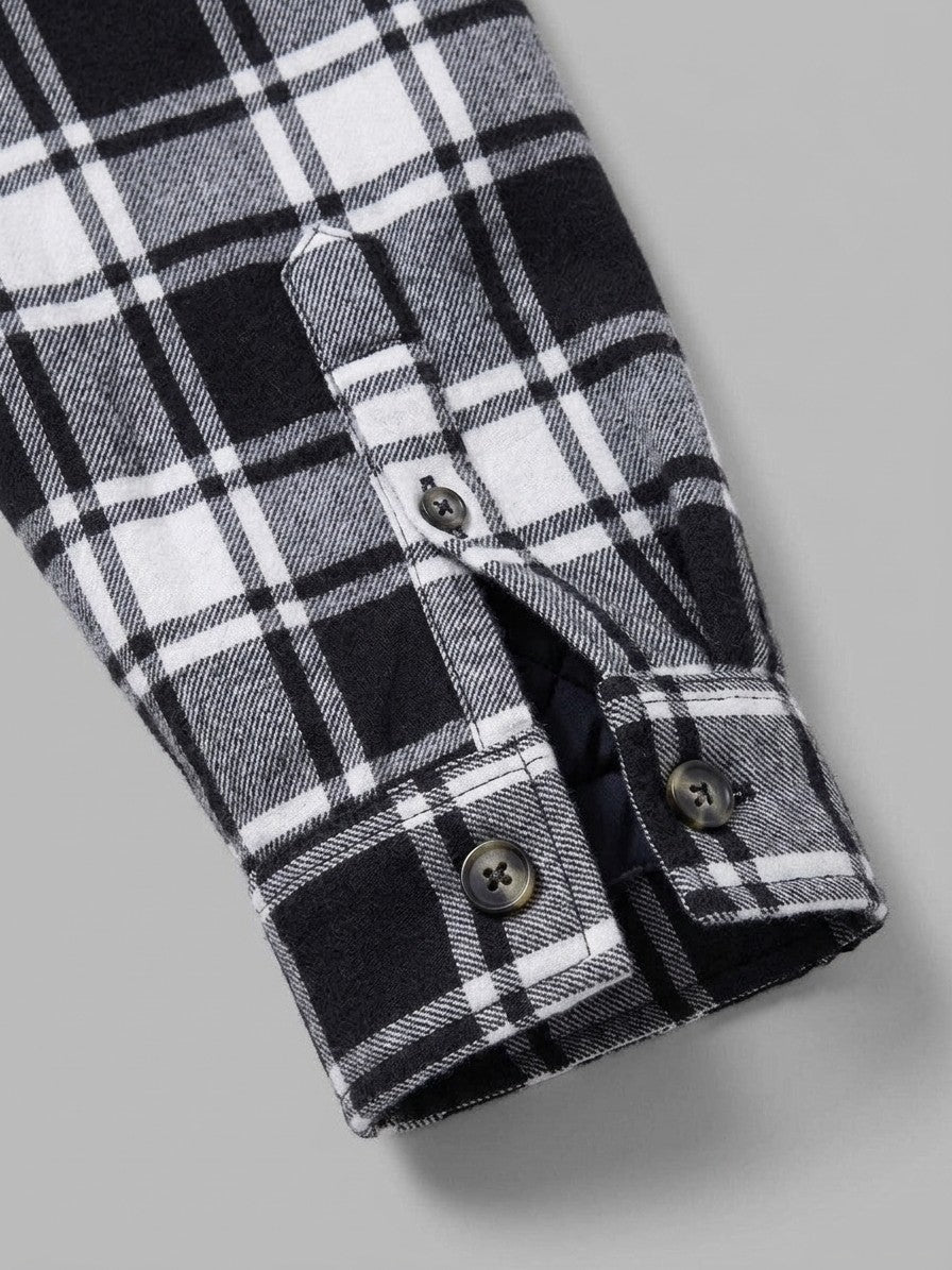 Dogliani Men's Hooded Quilted Flannel Shirt Jacket — blackwhiteplaid — detail-collar