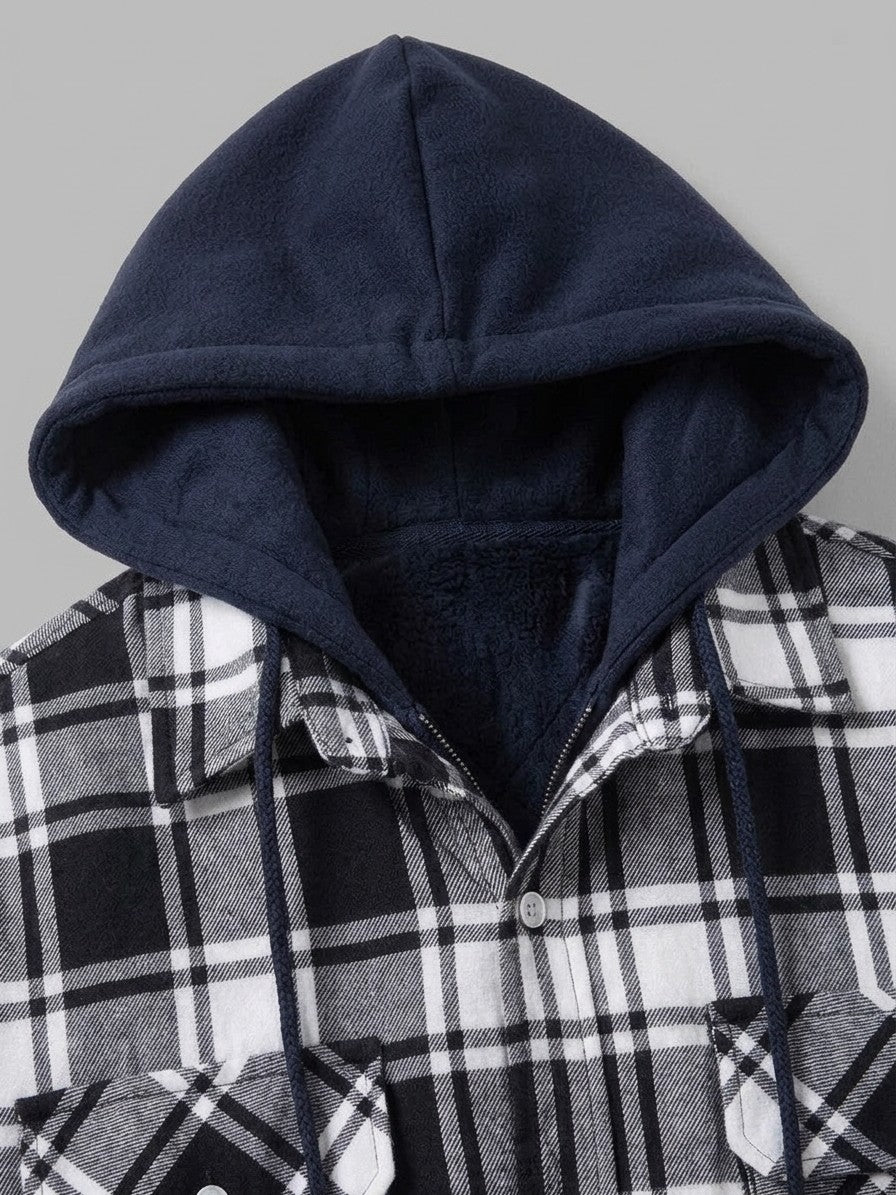 Dogliani Men's Hooded Quilted Flannel Shirt Jacket — blackwhiteplaid — detail