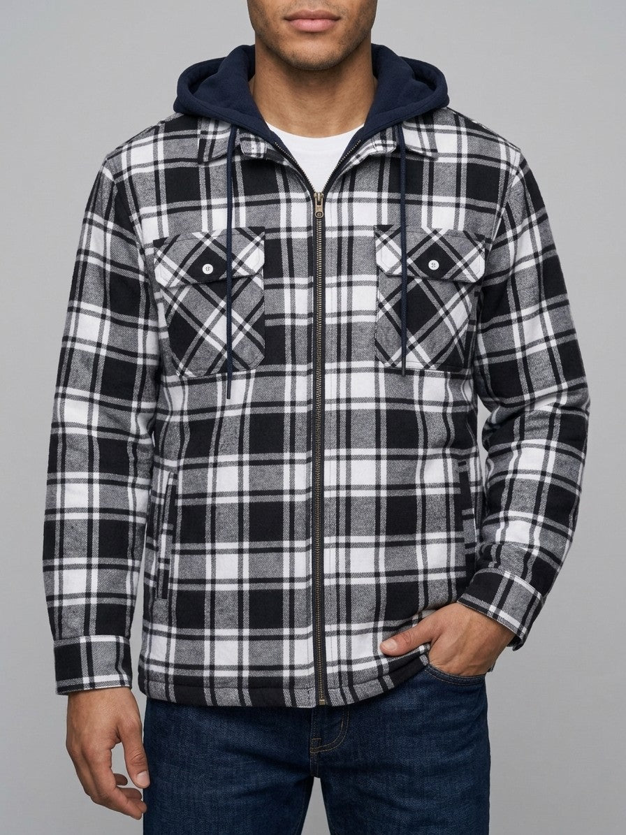 Dogliani Men's Hooded Quilted Flannel Shirt Jacket — blackwhiteplaid — front