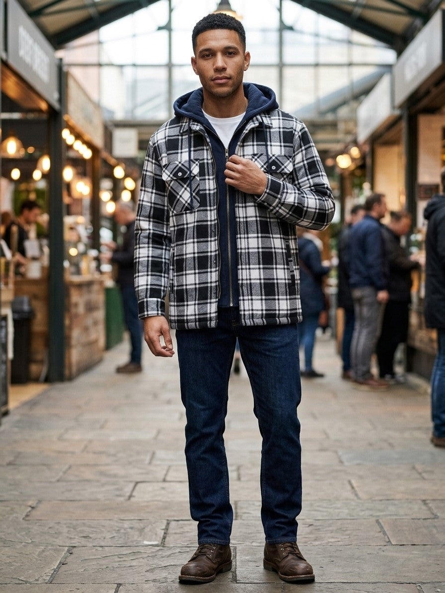Dogliani Men's Hooded Quilted Flannel Shirt Jacket — blackwhiteplaid — lifestyle