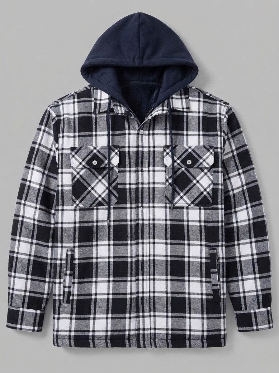 Dogliani Men's Hooded Quilted Flannel Shirt Jacket — blackwhiteplaid — packshot