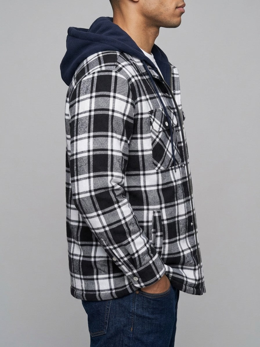 Dogliani Men's Hooded Quilted Flannel Shirt Jacket — blackwhiteplaid — side