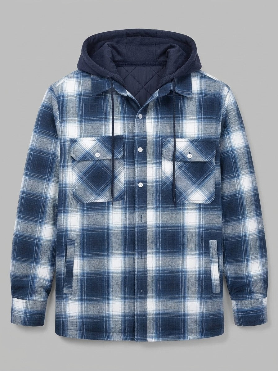 Dogliani Men's Hooded Quilted Flannel Shirt Jacket — bluewhiteplaid — packshot