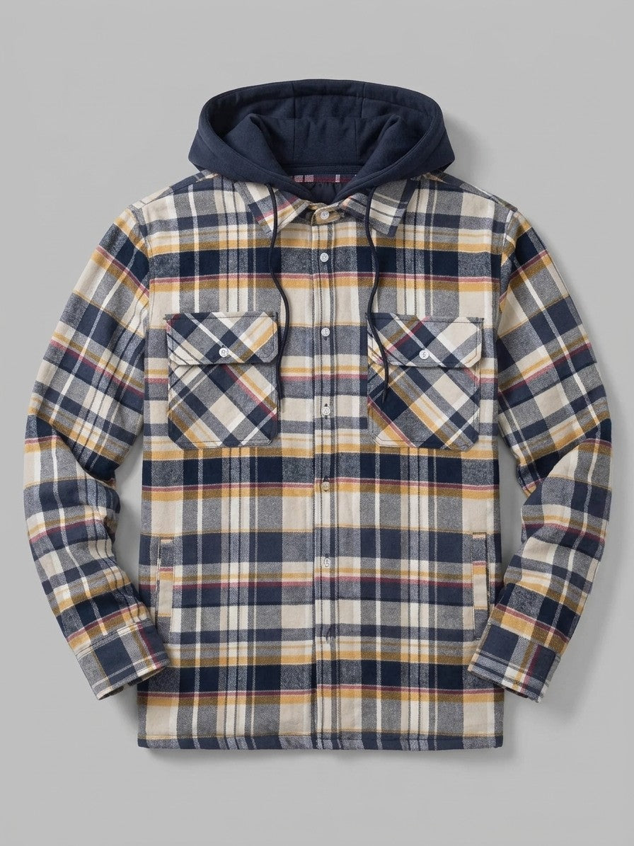 Dogliani Men's Hooded Quilted Flannel Shirt Jacket — mustardcreamplaid — packshot