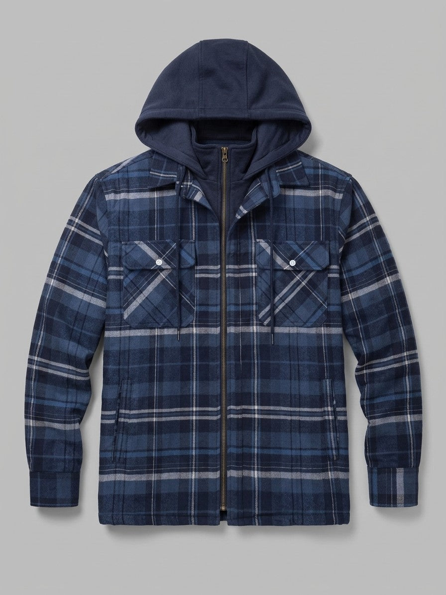 Dogliani Men's Hooded Quilted Flannel Shirt Jacket — navyslateplaid — packshot