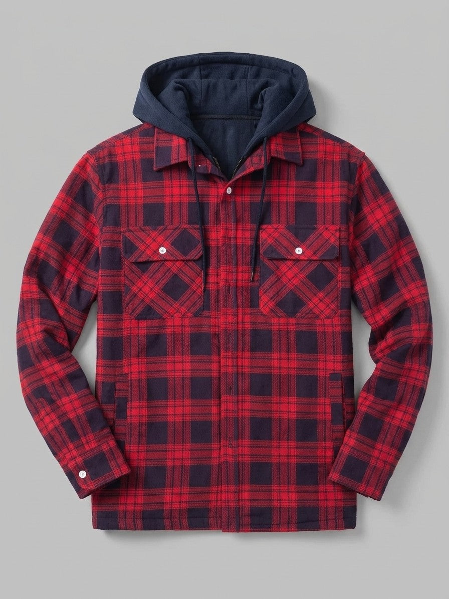 Dogliani Men's Hooded Quilted Flannel Shirt Jacket — rednavyplaid — packshot