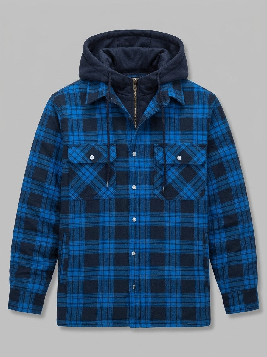 Dogliani Men's Hooded Quilted Flannel Shirt Jacket — royalblueplaid — packshot
