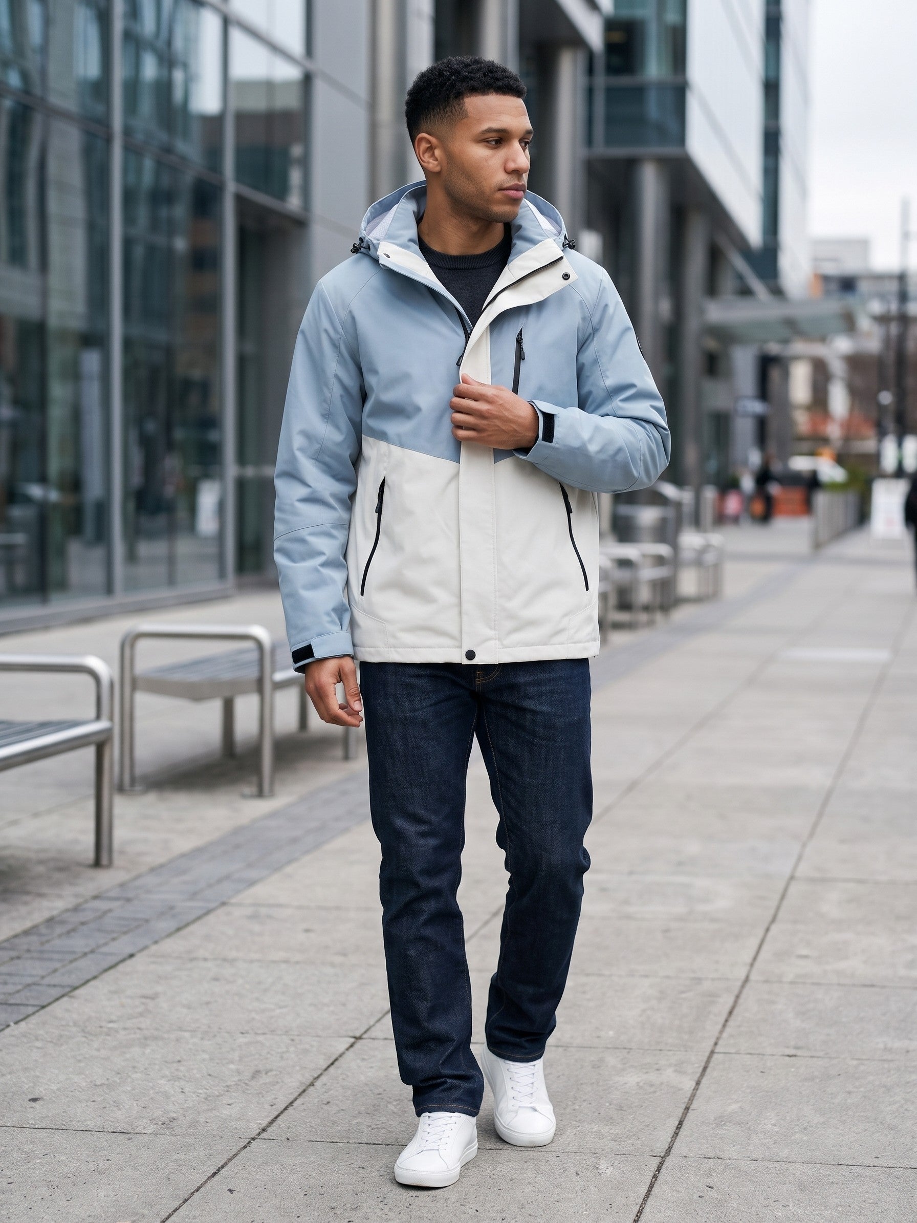 Domaso Men's Chevron-Panel Hooded Shell Jacket — skybluewhite — lifestyle