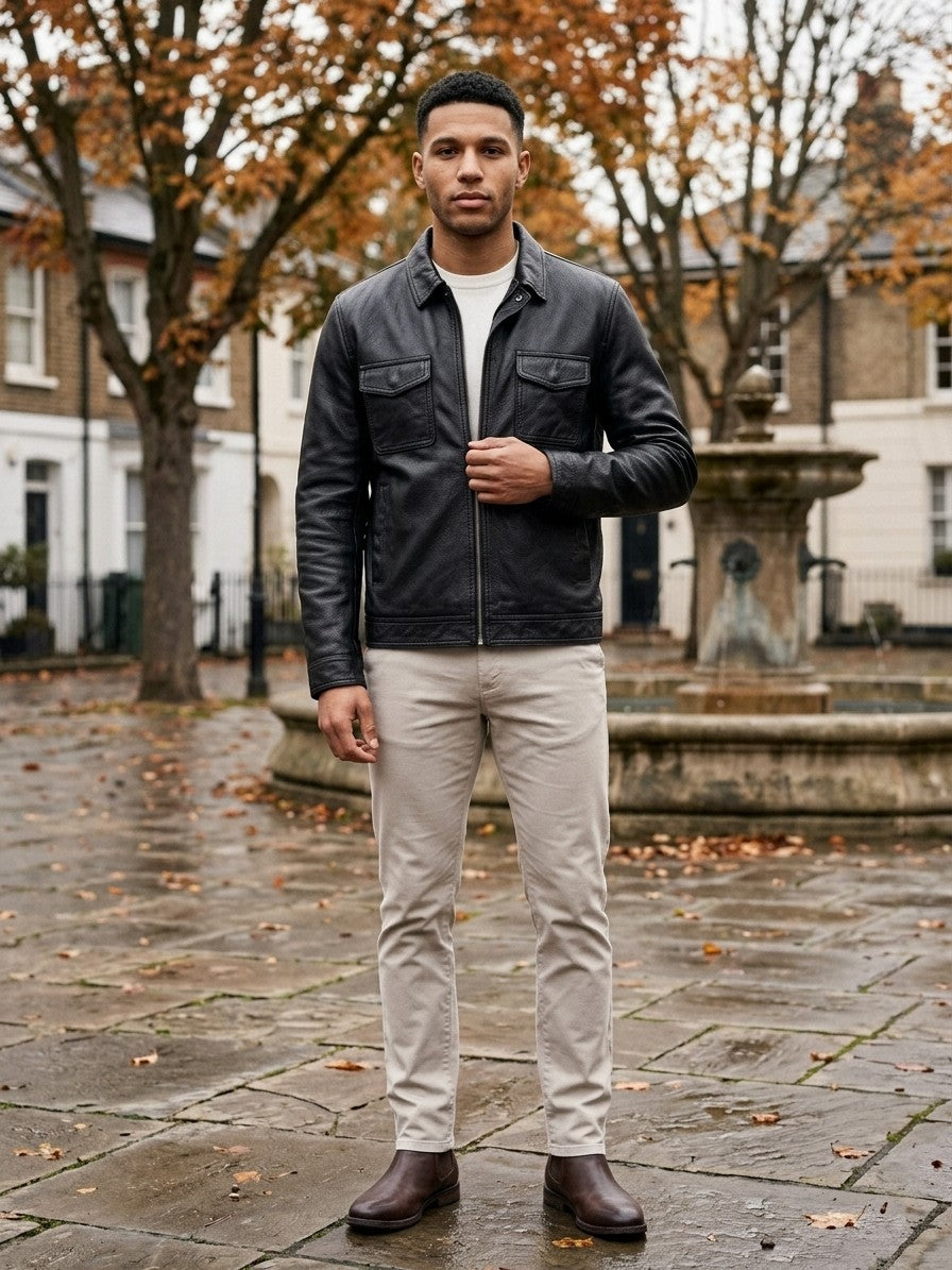 Dozza Men's Zip-Front Faux Leather Field Jacket — black — lifestyle
