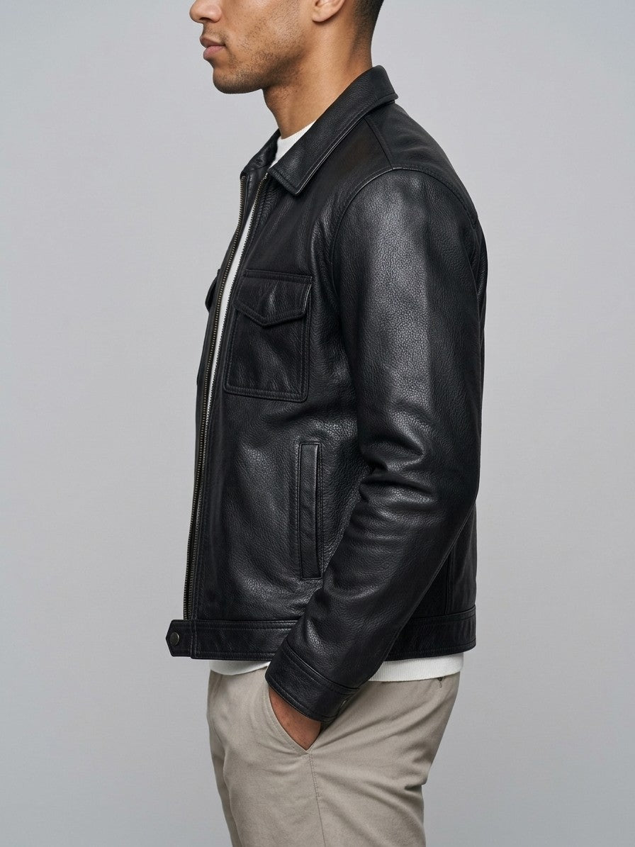 Dozza Men's Zip-Front Faux Leather Field Jacket — black — side