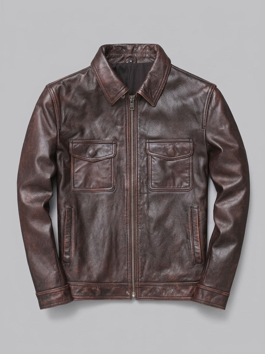 Dozza Men's Zip-Front Faux Leather Field Jacket — brownquiltedlined — packshot
