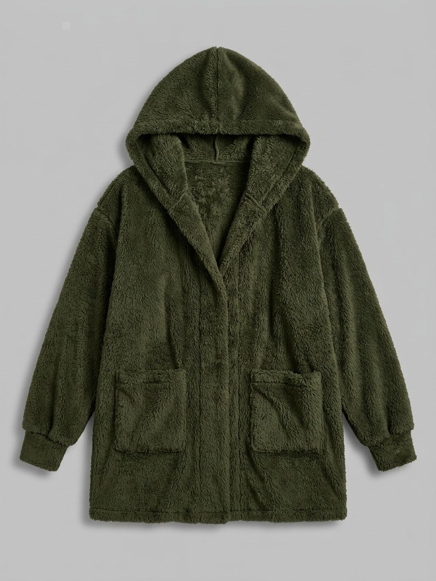 Duino Women's Open-Front Hooded Teddy Jacket — armygreen — packshot