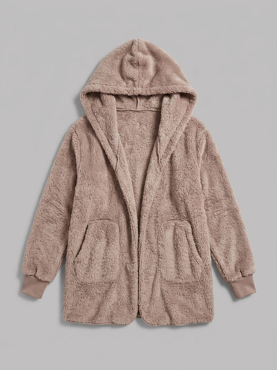 Duino Women's Open-Front Hooded Teddy Jacket — beige — packshot