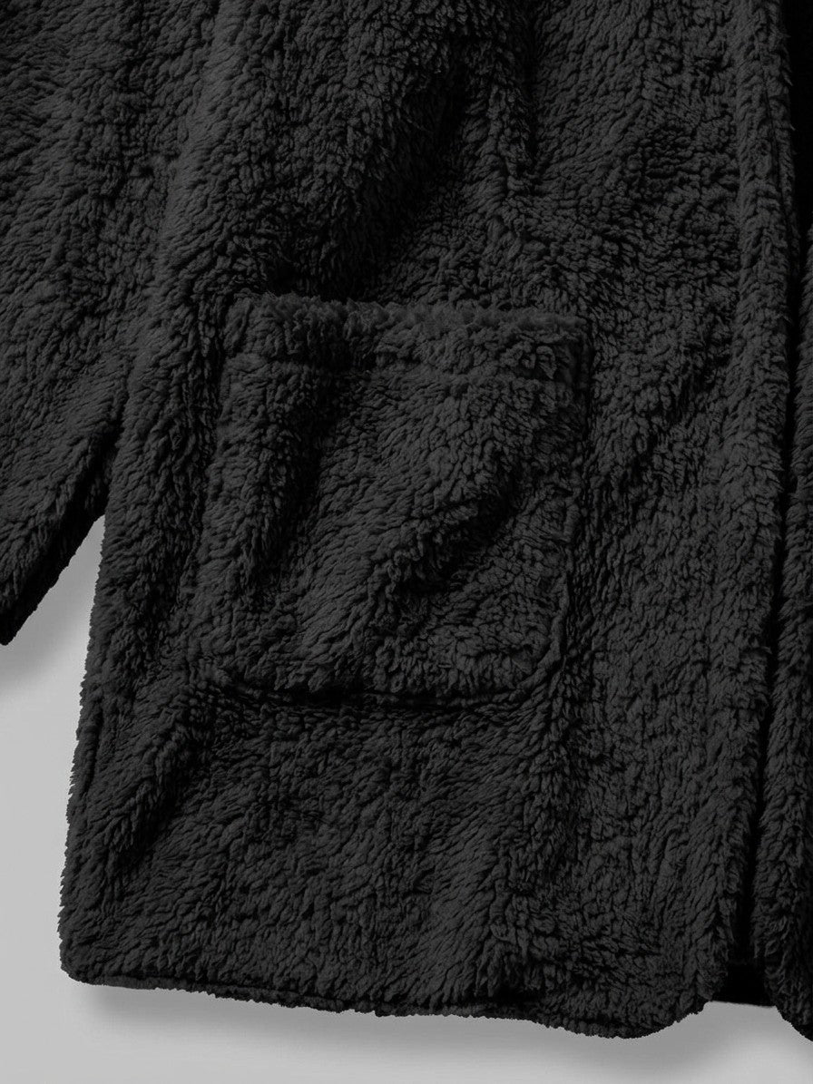 Duino Women's Open-Front Hooded Teddy Jacket — black — detail-collar