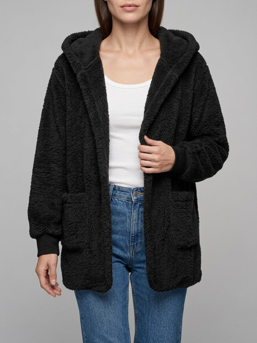 Duino Women's Open-Front Hooded Teddy Jacket — black — front