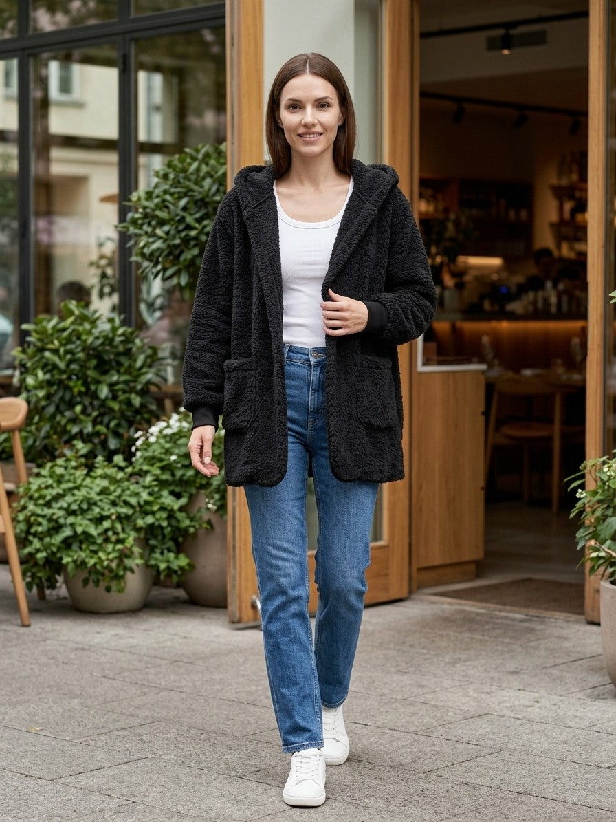 Duino Women's Open-Front Hooded Teddy Jacket — black — lifestyle
