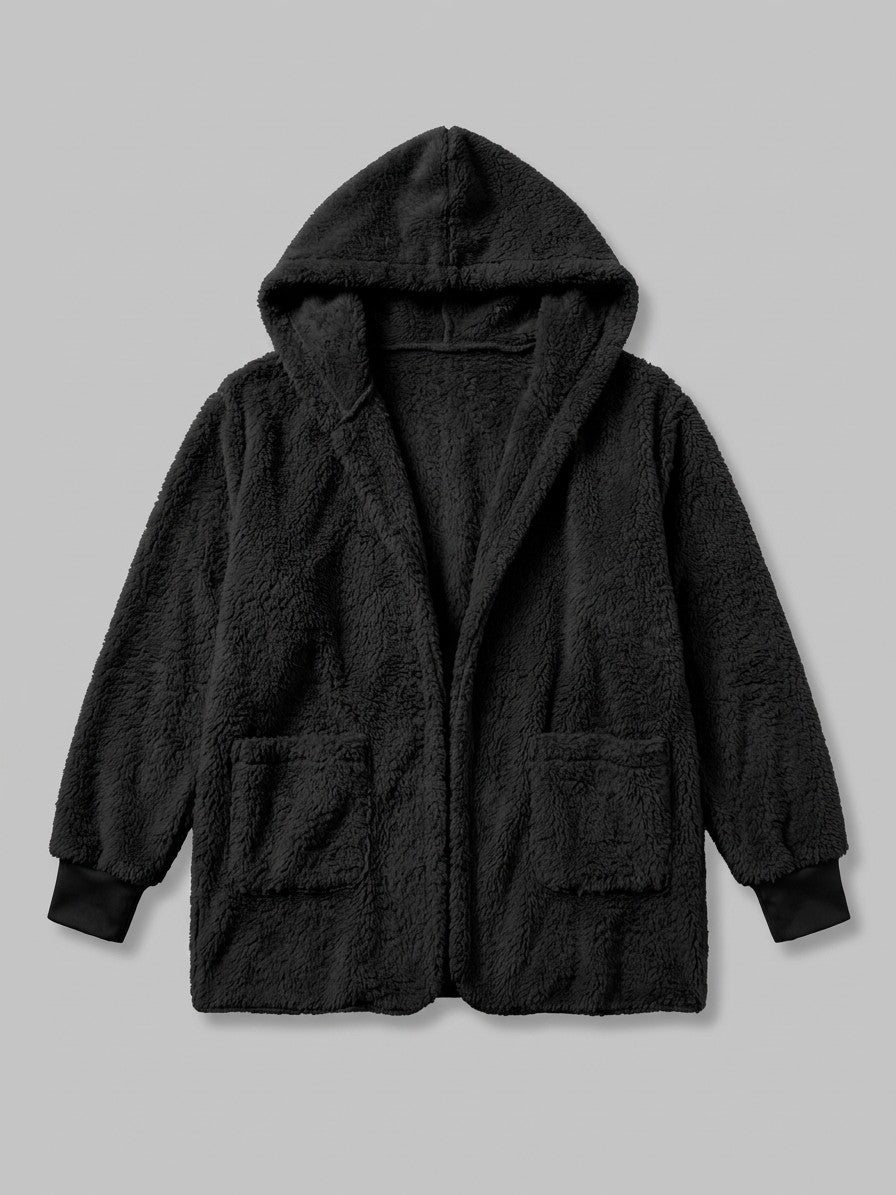 Duino Women's Open-Front Hooded Teddy Jacket — black — packshot