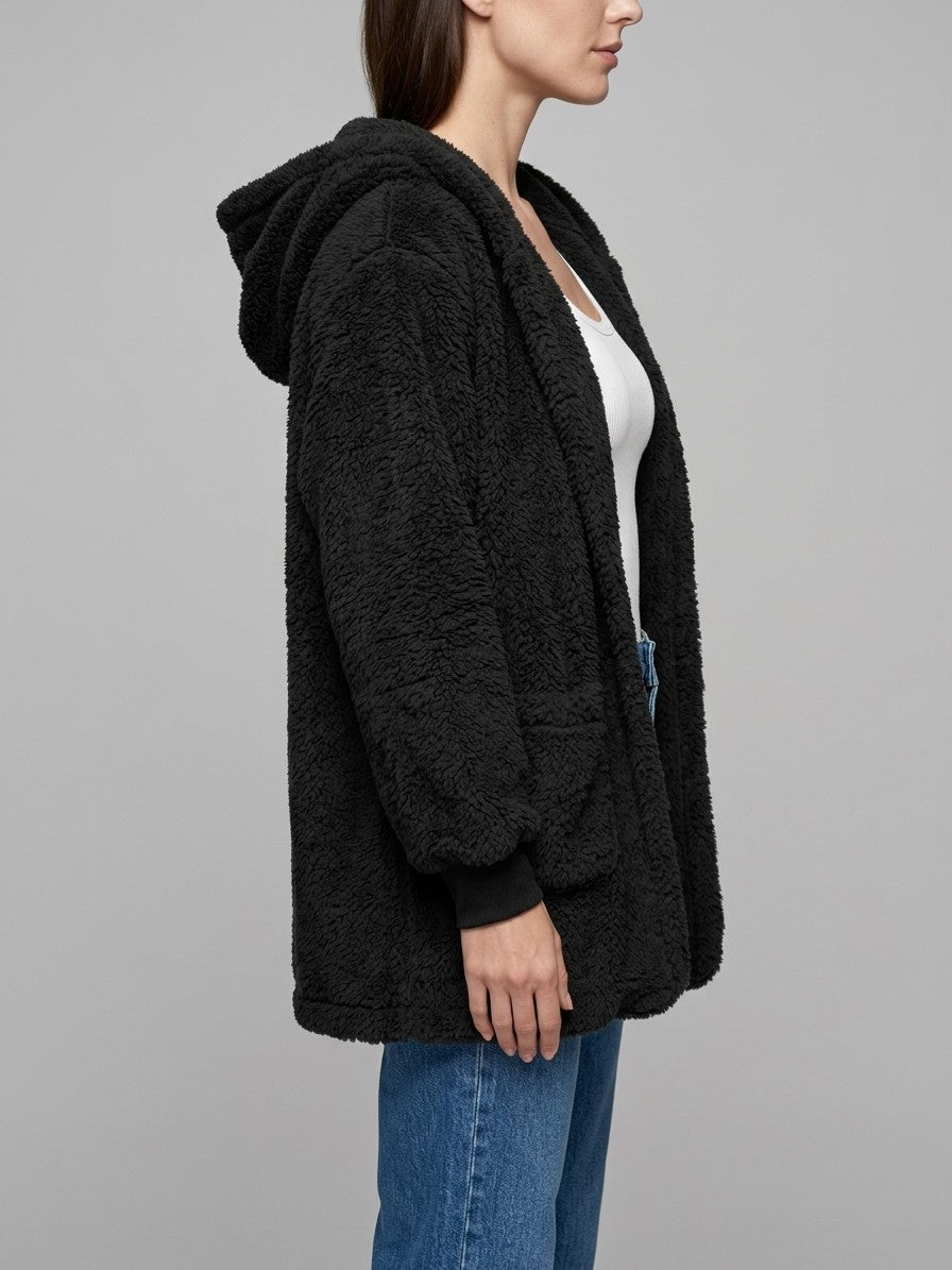 Duino Women's Open-Front Hooded Teddy Jacket — black — side